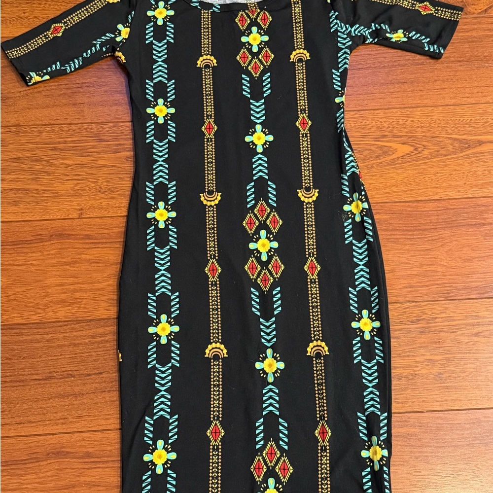 LuLaRoe Black Dress with Yellow, Blue and red Accents